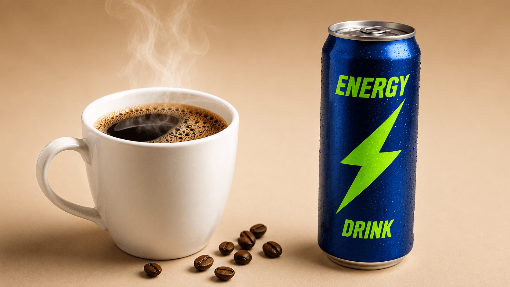 Xícara de café e lata genérica de energético representando diferenças entre fontes de cafeína e seus efeitos cardiovasculares.