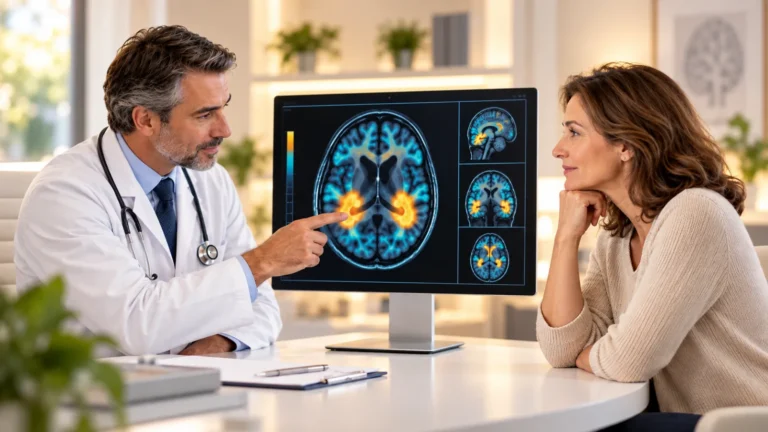 Médico e paciente analisam uma imagem PET cerebral durante investigação de sinais do Alzheimer.